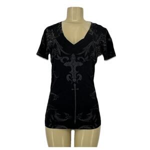 Affliction Medium Women Black Graphic T-shirt Moto V-neck Short Sleeve 28-30
